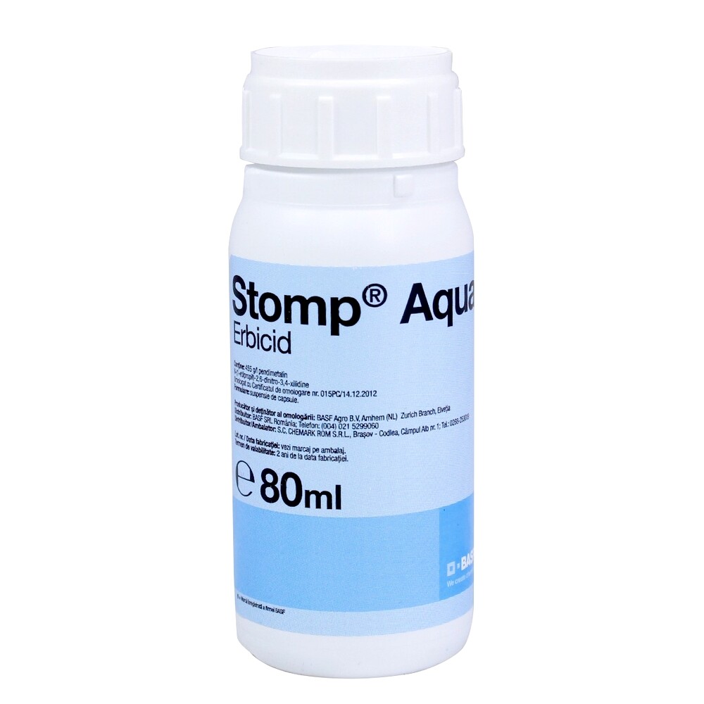 Erbicid STOMP AQUA - 80 ml, BASF, Preemergent, Selectiv, Porumb, Floarea Soarelui, Grau, Ceapa, Vita de vie