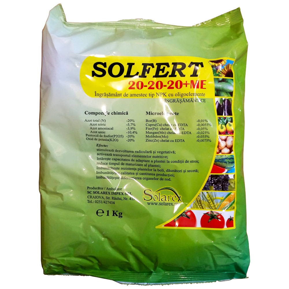 Ingrasamant foliar SOLFERT 20-20-20 + ME - 1 kg, Solarex, NPK