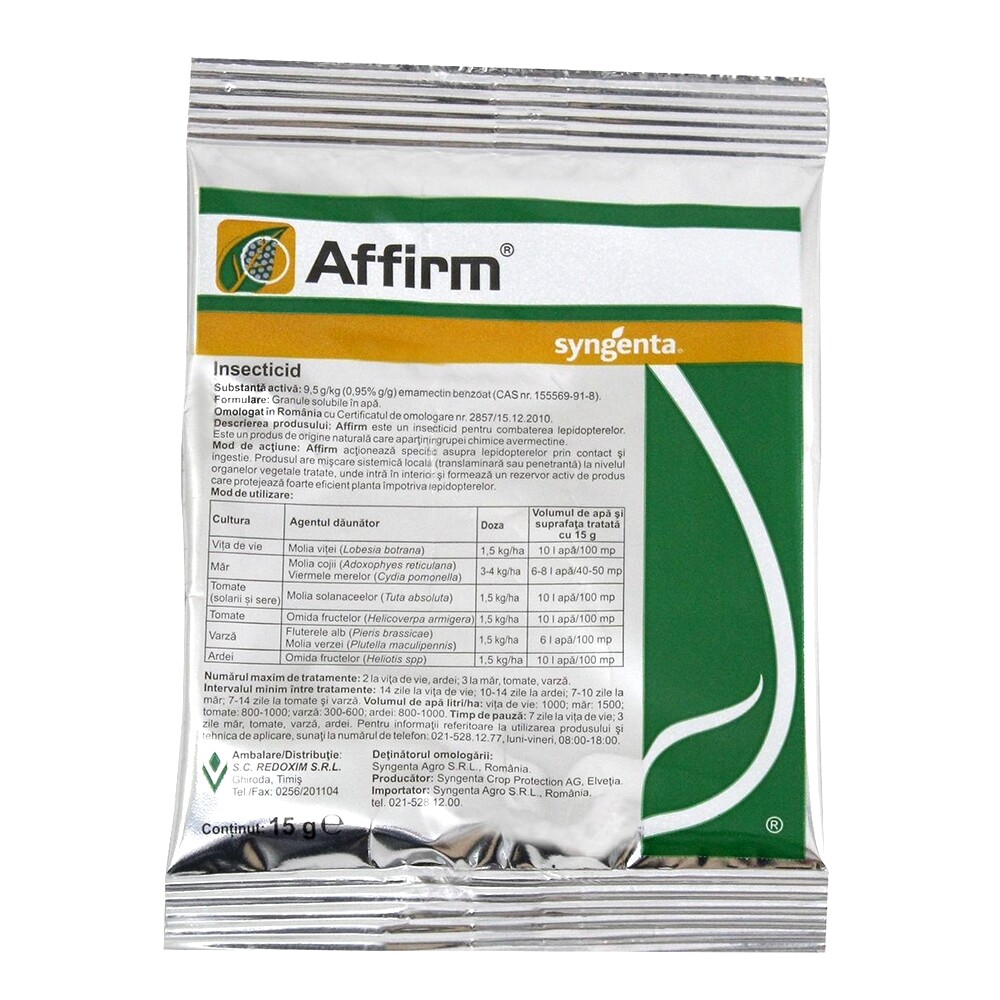 Insecticid AFFIRM - 15 g, Syngenta, Contact, Vita de vie, Mar, Tomate, Varza, Ardei