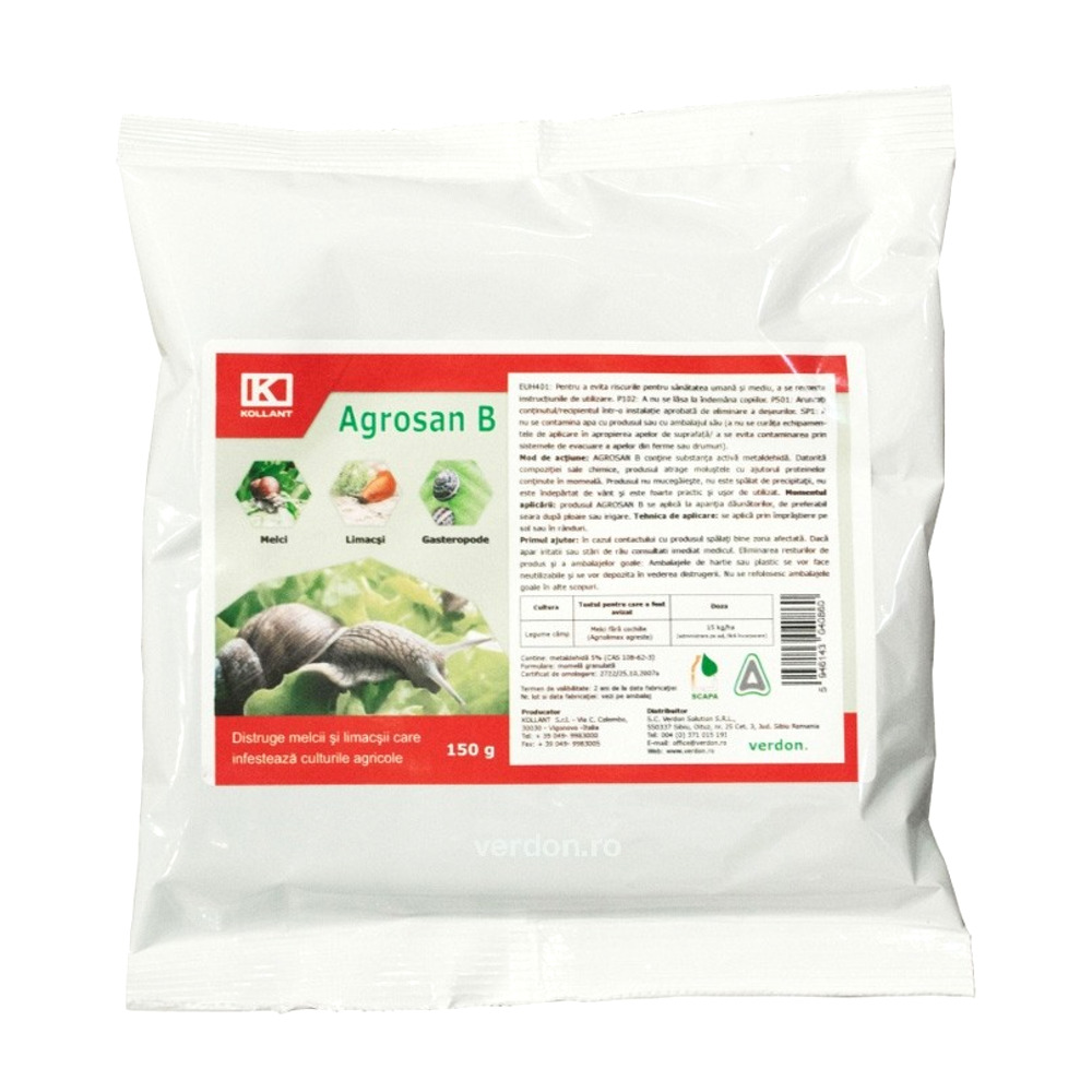 Moluscocid AGROSAN B - 150 g, Kollant, Combate Melcii, Limacsii, Gasteropodele - Valabilitate 28.02.2024